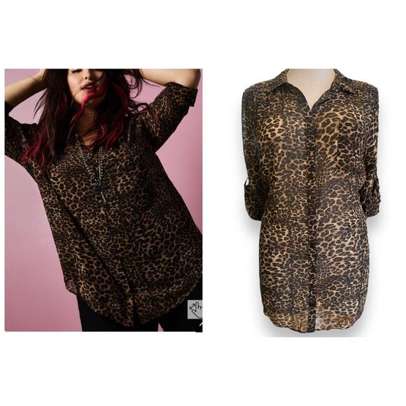 Torrid‎ Plus Size 3 Betsey Johnson Chiffon Leopard Sheer Button Down Tunic Top - Picture 1 of 3